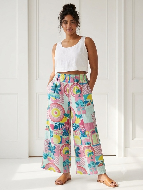 indigo Rose Pants - Indigo Rose Colorful Wide Leg Beachy Artsy Lagenlook Resort Pants , M